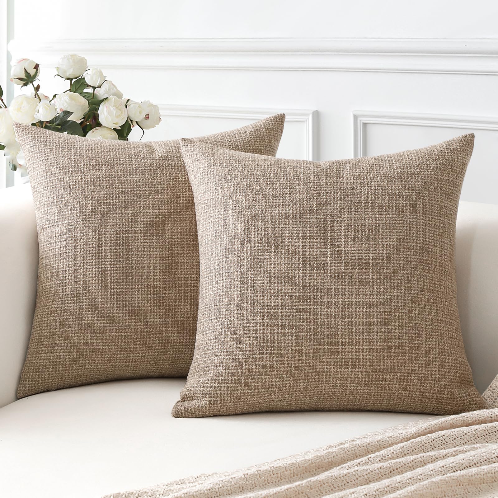 otostar linen throw pillow covers set of 2 decorative square pillowcases cushion covers 14x14 inch for home decor sofa bedroom car 35 x 35 cm light coffee