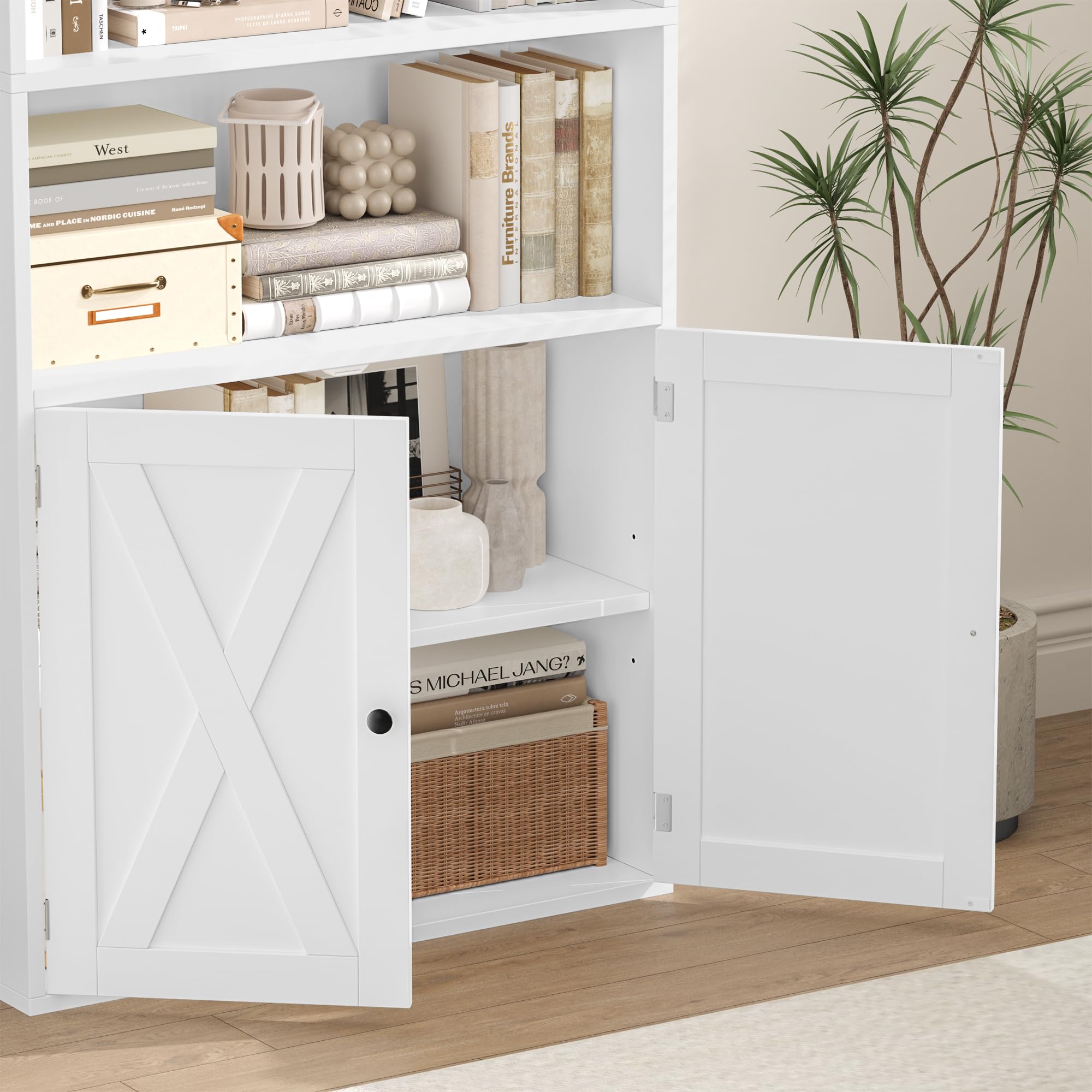 FirFurd Libreria Scaffale 209 cm con 7 Scomparti Aperti, libreria Verticale con Ante, Libreria da Parete con Ripiano Regolabile, per soggiorno, ufficio, cucina, 60 x 23,5 x 209 cm (Bianco)