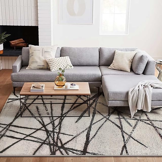 Calore Rugs Living Room Large Modern Soft Area Rug ,Modern Simple Style Short Pile Beige pattern Carpet,Non-slip Large Abstract Straight Line Pattern Rug (160 x 200 cm, Beige)