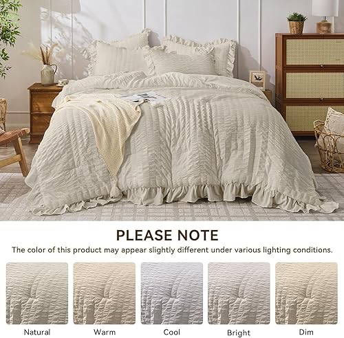 Miniatura 103 de JOLLYVOGUE - Juego de edredón tamaño queen, de 3 piezas, estilo seersucker, ligero y esponjoso para todas las estaciones, con 1 edredón con volantes