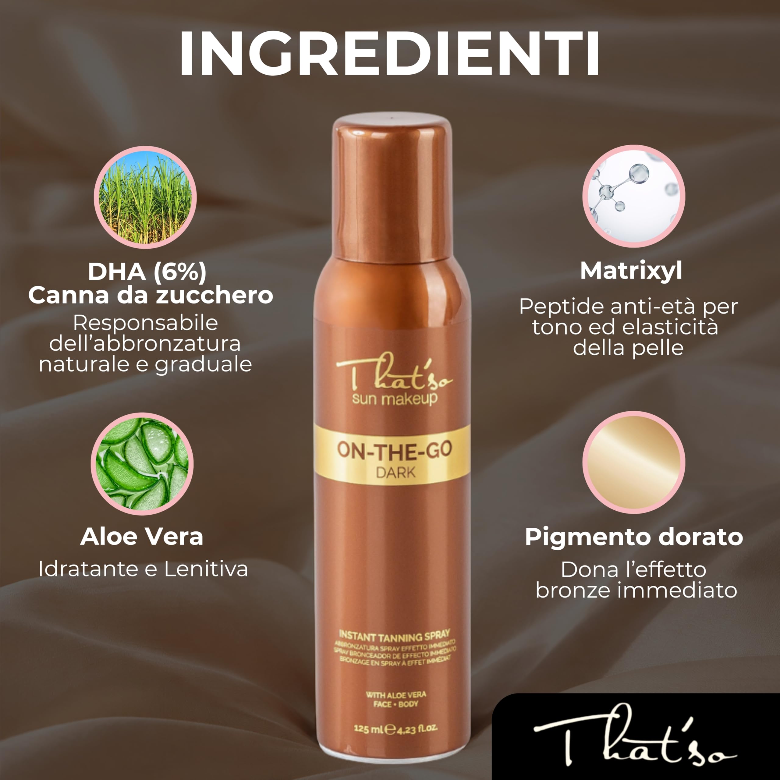 That’so Spray Autoabbronzante Viso e Corpo 125 ml On The Go Dark Abbronzatura Istantanea Naturale Effetto Bronze, Lunga Durata, con DHA da Canna da Zucchero, Aloe Vera e Peptide Anti-Età