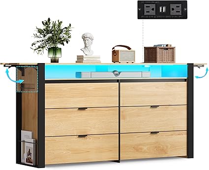 WLIVE 78 Inch Dresser for Bedroom, Long Chest of Drawers Expandable Wood Dresser from 5'3" to 6'5'' with Flexible Shelves and Hanging Rack, Led Dressers for Living Room (85'' TV)