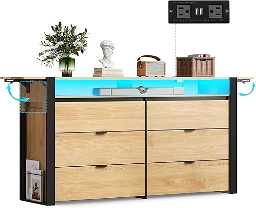 WLIVE 78 Inch Dresser for Bedroom, Long Chest of Drawers Expandable Wood Dresser from 5'3" to 6'5'' with Flexible Shelves and Hanging Rack, Led Dressers for Living Room (85'' TV)