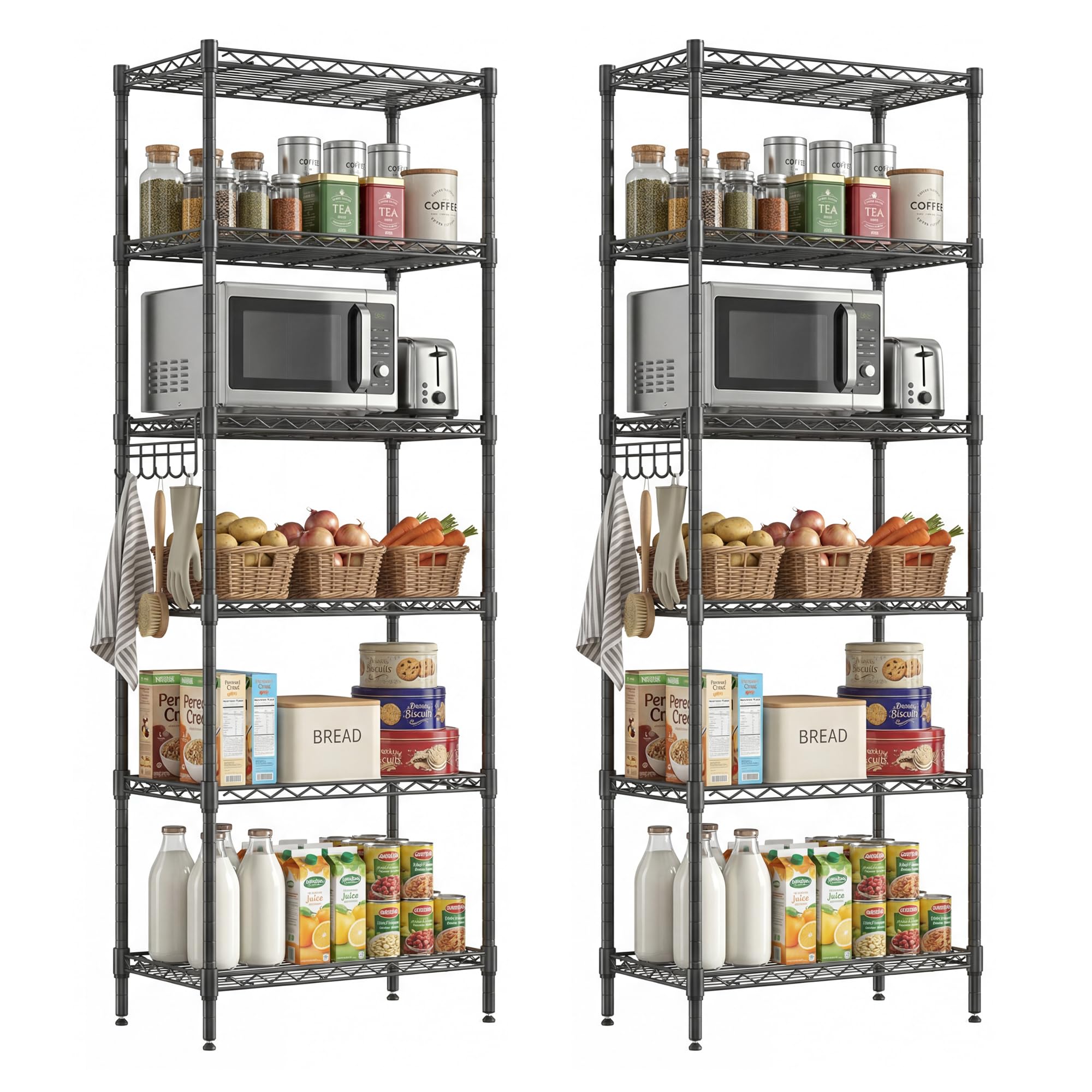 Himimi Set of 2 6-Tier Wire Shelving Unit, 54W x 29D x 160H cm Slim Tall, Adjustable Metal Shelving Unit, Free Standing Storage Rack Shelves for Kitchen, Pantry, Bathroom, Bedroom, Garage, Shed, Black