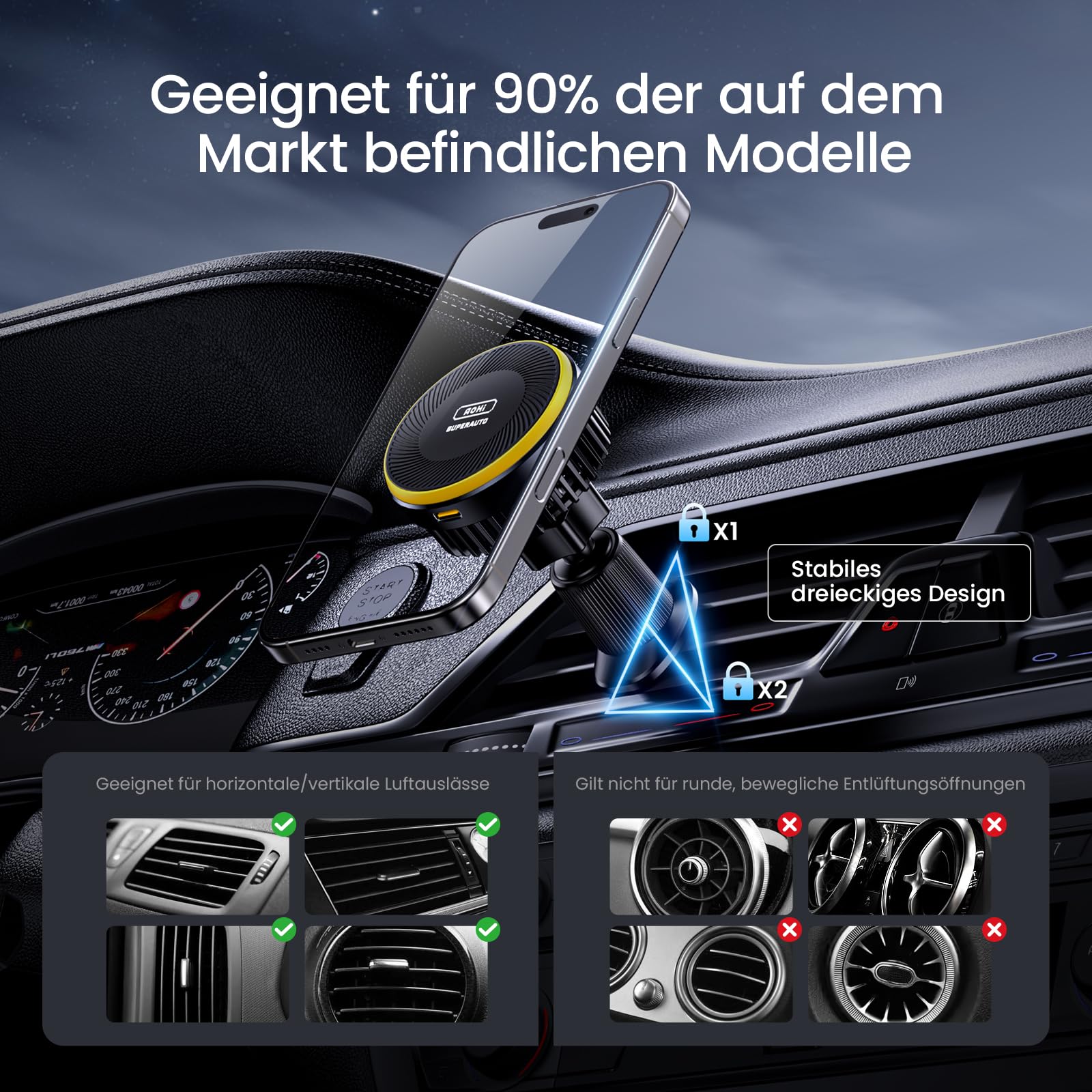 AOHI 15W Soporte para teléfono coche inducción,Cargador Magsafe de coche,Enfriamiento del teléfono,Soporte magnético inalámbrico del coche rejilla de aireación/salpicadero para iPhone 16/15/14/13/12