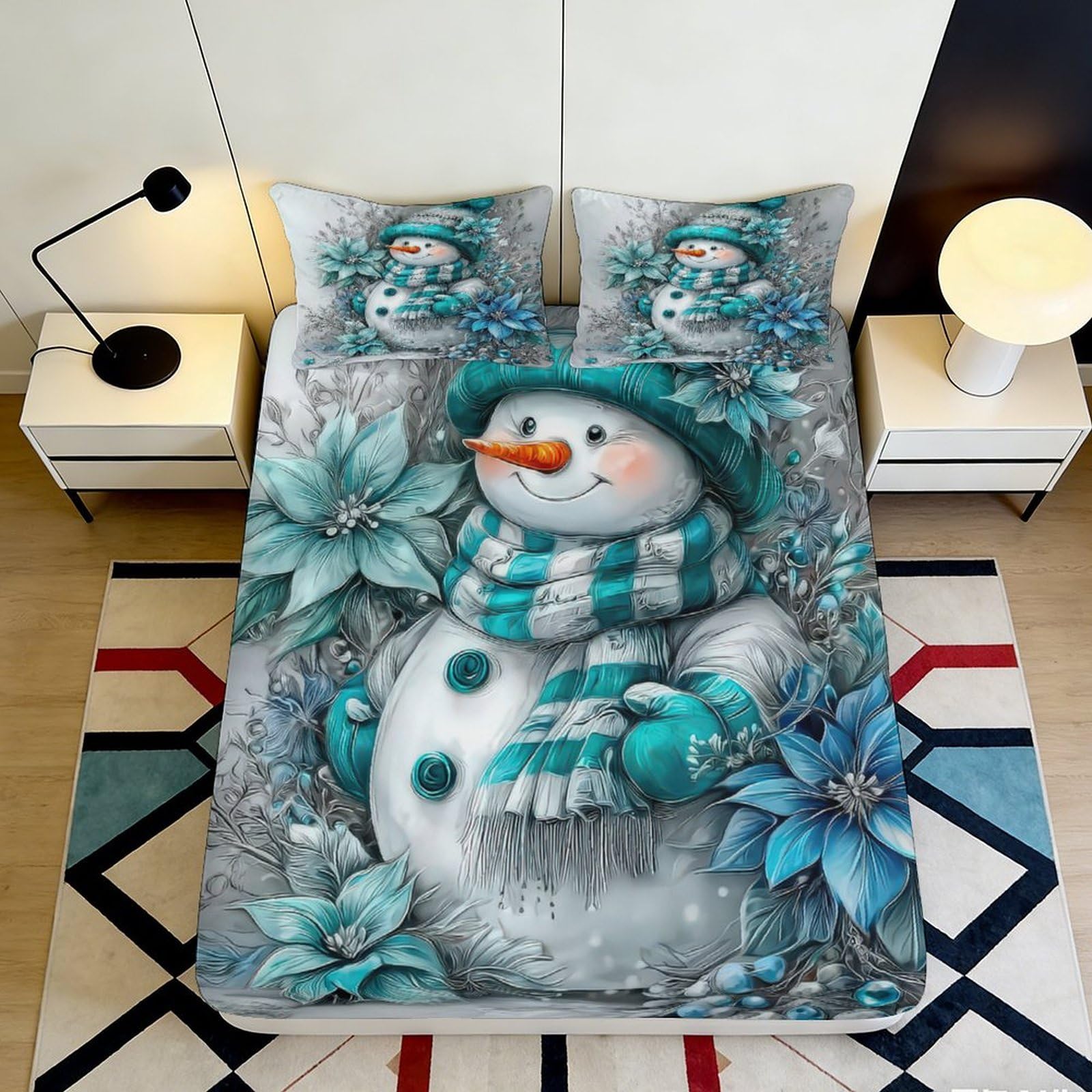 3D Printed Snowman Winter Fitted Sheet Microfiber Soft Blue Floral Bed Cover for Bedroom Guest Room Decor 160x200x25cm