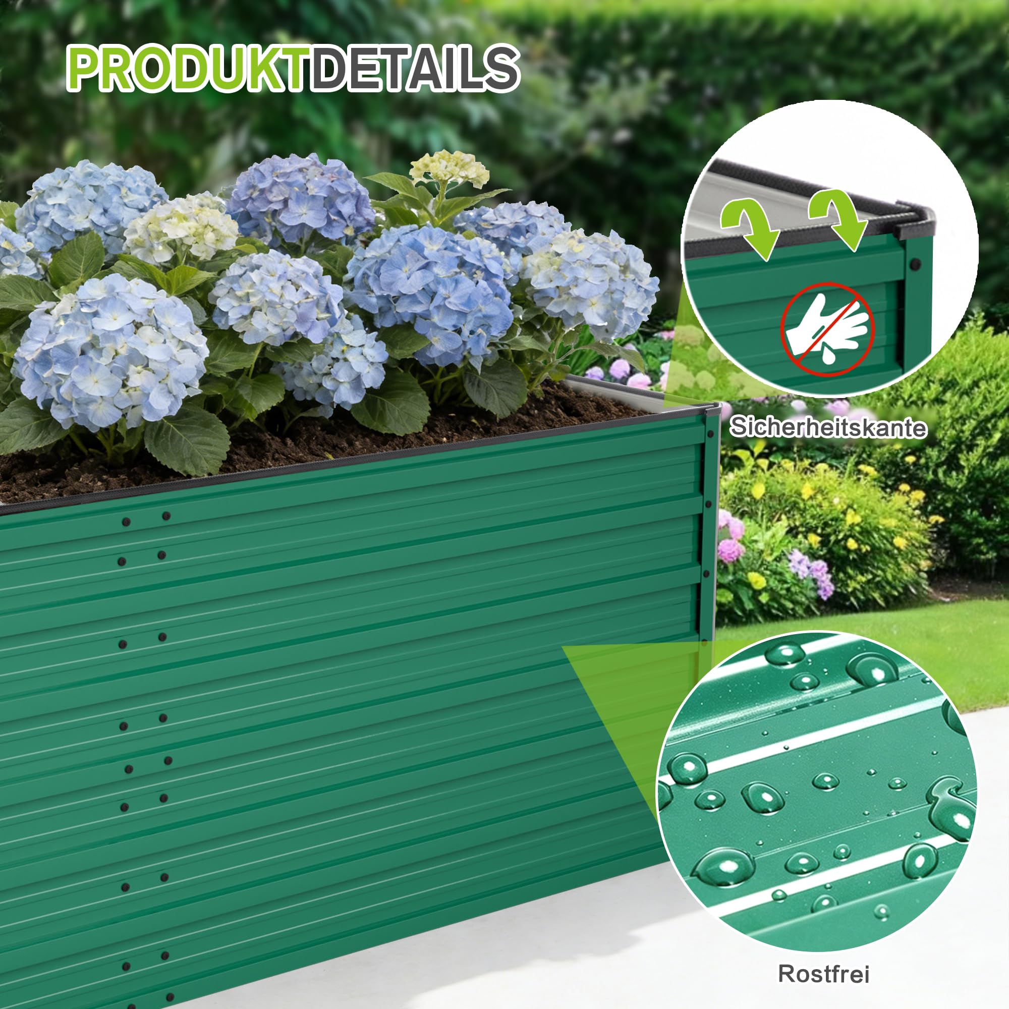 Gecheer Hochbeet Metall 190x90x64cm, Großes Pflanzbeet mit Offenem Boden, Wetter- & Rostbeständig Rechteckiges Gemüsebeet für Gemüse Blumen Terrasse Garten, Grün