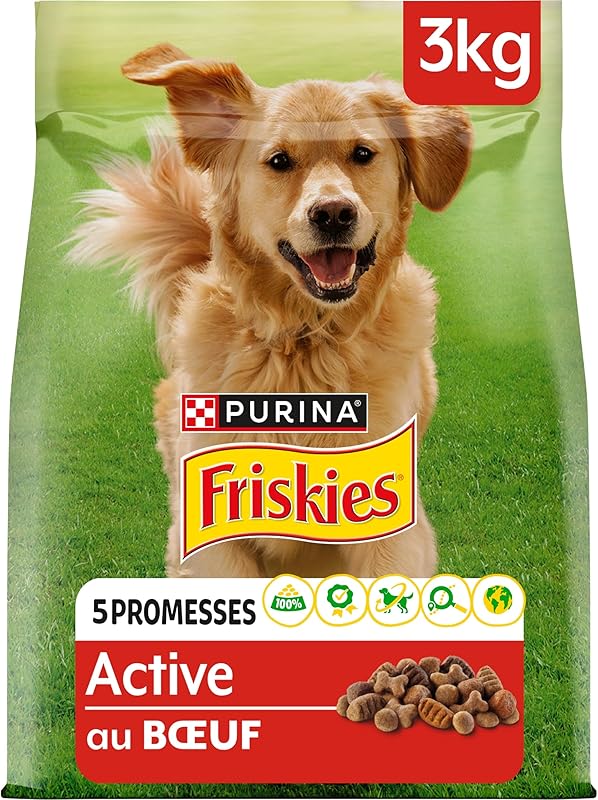FRISKIES | Active | Chien | Croquettes pour Chiens Adultes | au Boeuf | Aide à Maintenir Un Niveau d'énergie élevé | Sac | 3 KG