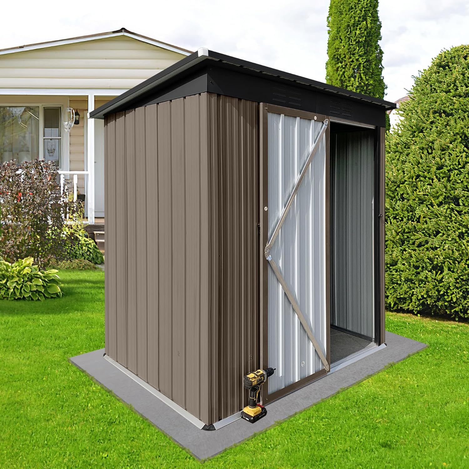 5FT x 4FT Outdoor Storage Shed, Storage Shed Equipped with Vents, Tool Shed with Door and Padlock, Ideal for Backyards, Patio Lawns and Outdoor Garden Sheds, Brown