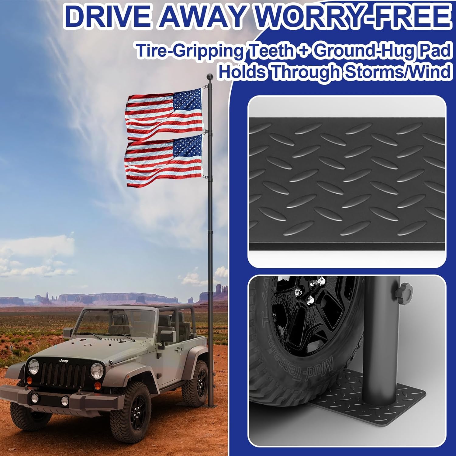 Flagpole Tire Mount（1.8"-2.48",Antenna Pole Mount,Portable Metal Flag Pole Wheel Stand Tailgate Tire Mount Antenna Stand Fits for Cars RVs Truck Camping Tailgating and Outdoor Party Events - Image 4