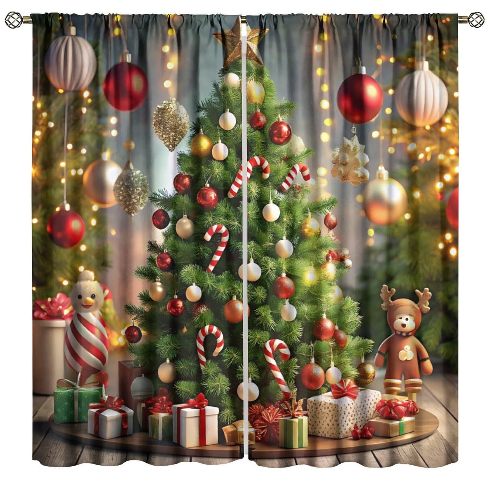 PHTAYOT Merry Christmas Curtains, Colorful Xmas Balls Xmas Tree Pattern for Room Window Decor, Rod Pocket Blackout Drapes for Living Room Bedroom