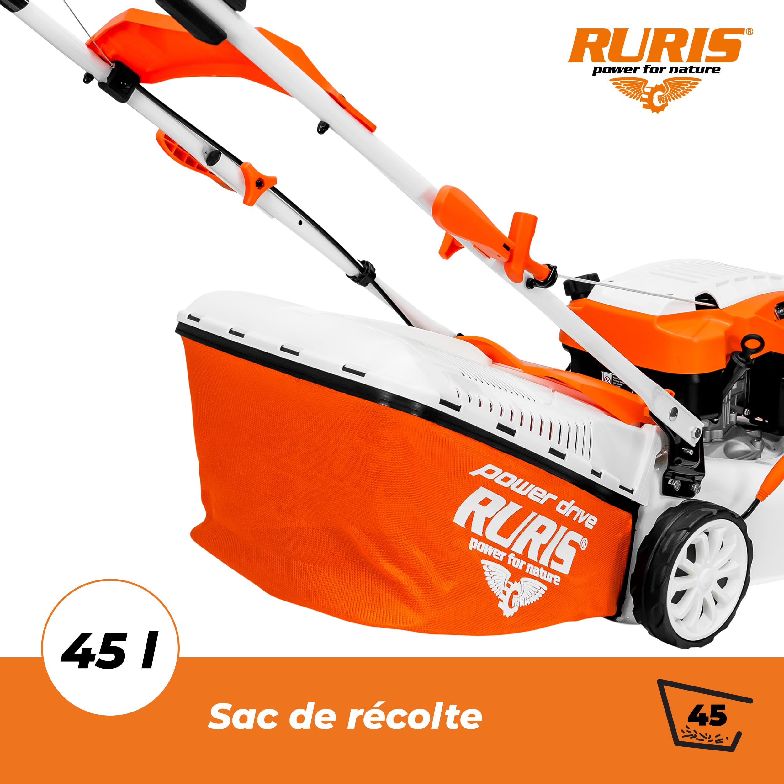 RURIS - Cortacésped térmico RX221S, 3,5 CV, 42 cm, Bolsa 45L, 3 en 1: Recogida, eyección Trasera, Mulching, chasis de Acero, Altura de Corte 25-75 mm, Naranja
