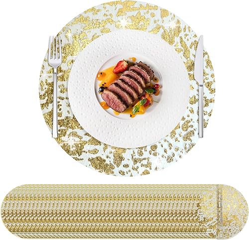 Miniatura 10 de Hysenm Juego de 50 manteles individuales desechables dorados metálicos redondos de 13 pulgadas de malla de papel de aluminio prensado, tapetes de