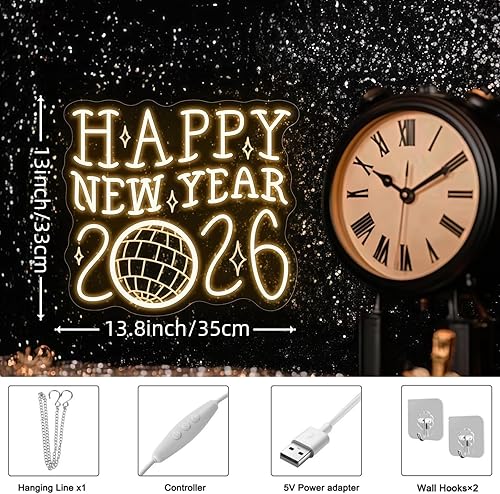 Miniatura 5 de Letrero de neón personalizado con texto en inglés «Happy New Year» 2026, bola de discoteca LED, decoración de pared para fiestas retro de Año Nuevo,