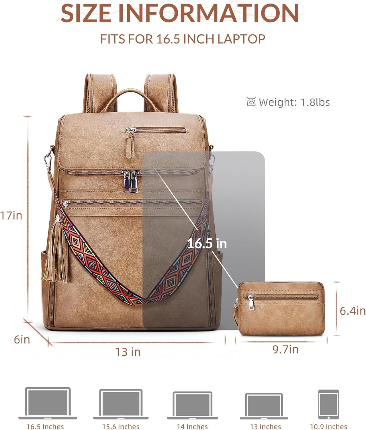 Leather Laptop Backpack for Women Designer Laptop Bag, 16.5 inch Travel Computer Backpacks Purse with Tassel for Work Business with Satchel Purse Camel Brown - Image 4