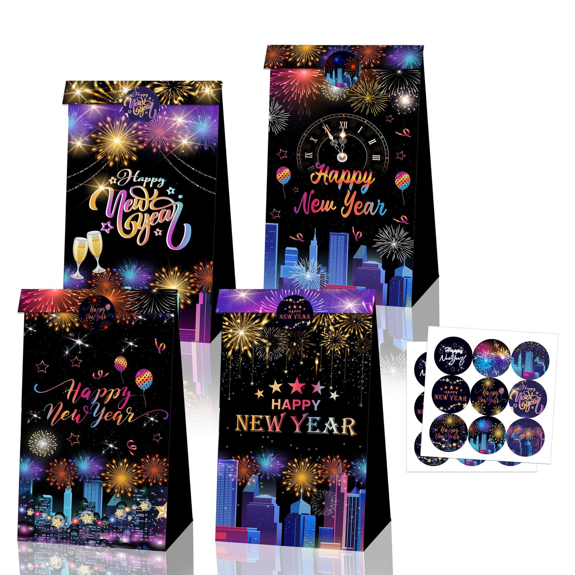 DPKOW New Years Eve Party Supplies 2026, 12pcs Colorful New Year Party Gift Bags Happy New Year Decorations 2026 New Years Eve Party Favor Bags Treats New Year Present Bags with Label Stickers