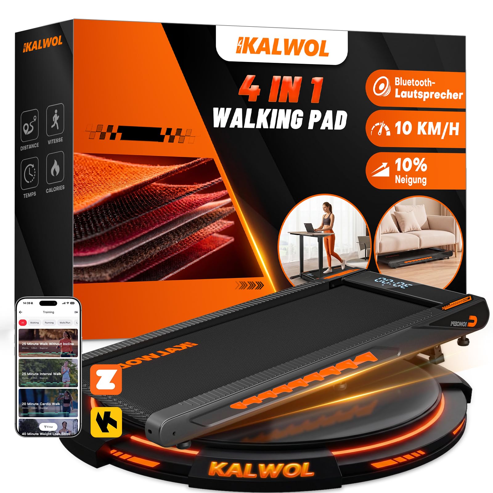 KALWOL Walking Pad mit Bluetooth Lautsprecher, 4 in 1 10km/h Laufband für Zuhause mit 10% Steigung, 2,75 HP bürstenloser Treadmill für Zuhause & Büro mit LED-Display, 12 HIIT-Programme, Bis 160 kg