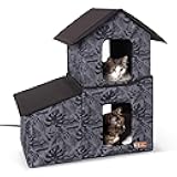 K&H Pet Products Two-Story Outdoor Kitty House with Dining Room Heated Gray Leaf 22 X 27 X 27 Inches