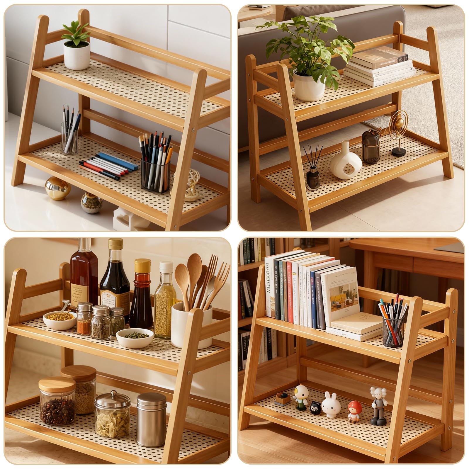 PORFOYO Juego de 2 estantes de cocina, estante de madera para especias, organizador de cocina, estante estilo escalera de madera, organizador de armario de cocina, estante de almacenamiento para