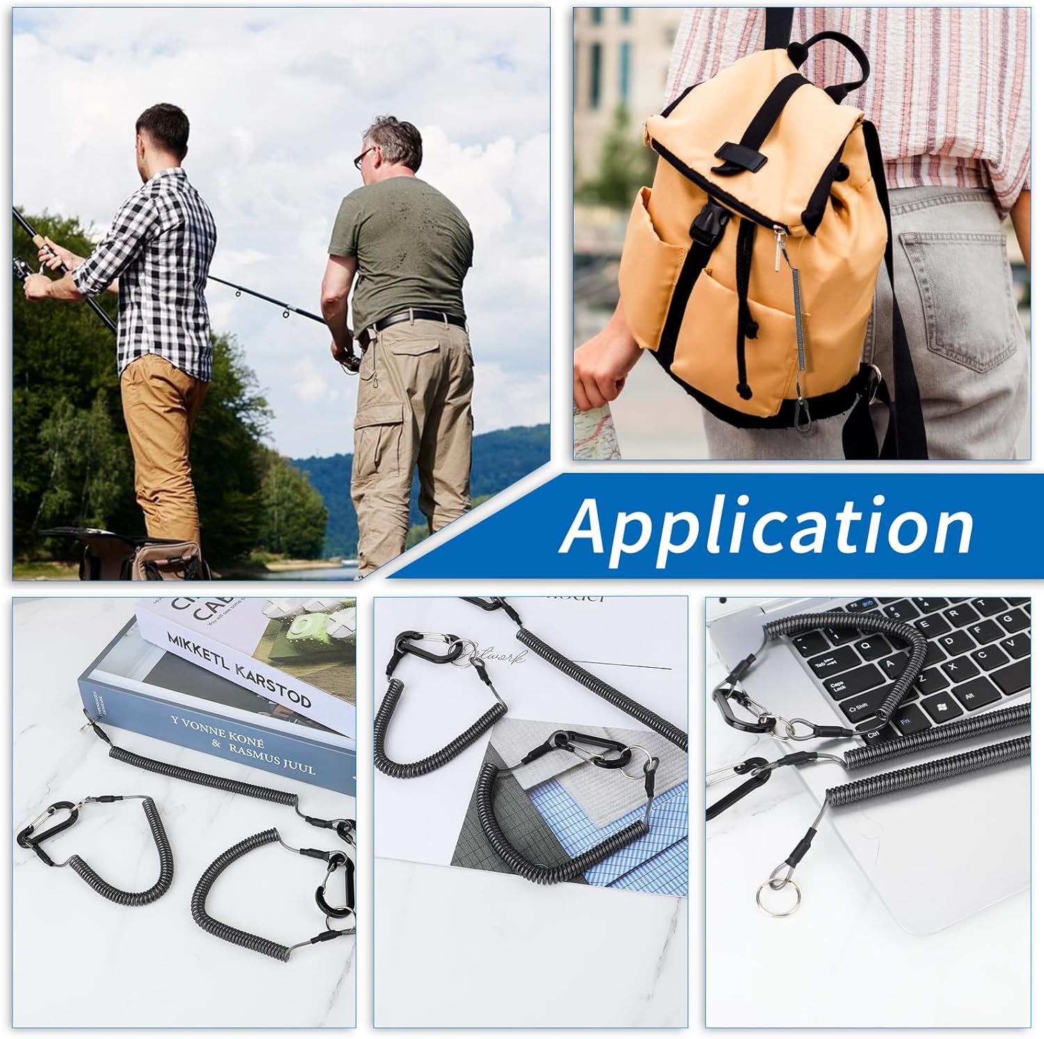 Retractable Coiled Lanyard, 3 PCS Heavy Duty Steel Wire Coiled Key Lanyard with Aluminium Alloy Clip and Key Rings Kayak Fishing Safety Lanyards Clips Hand Tool for Pliers Boating - Image 5