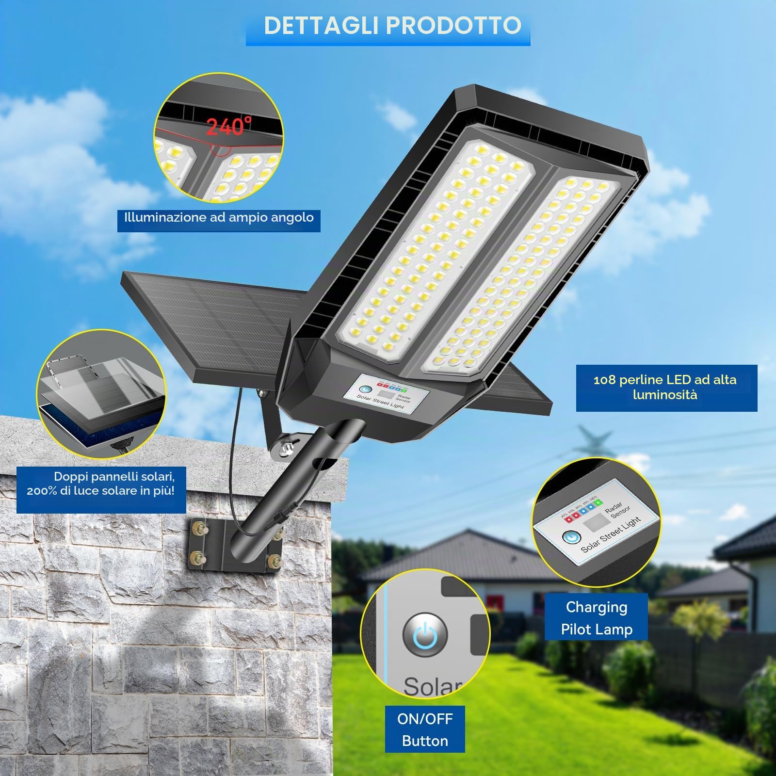 Adewalk 1200W Lampione Solare Led Esterno con Telecomando, IP66 Impermeabile Lampada Stradale Solare con Sensore di Movimento, 6500K Super Bright Lampioni da Giardino Esterno Solari per Garage Strada