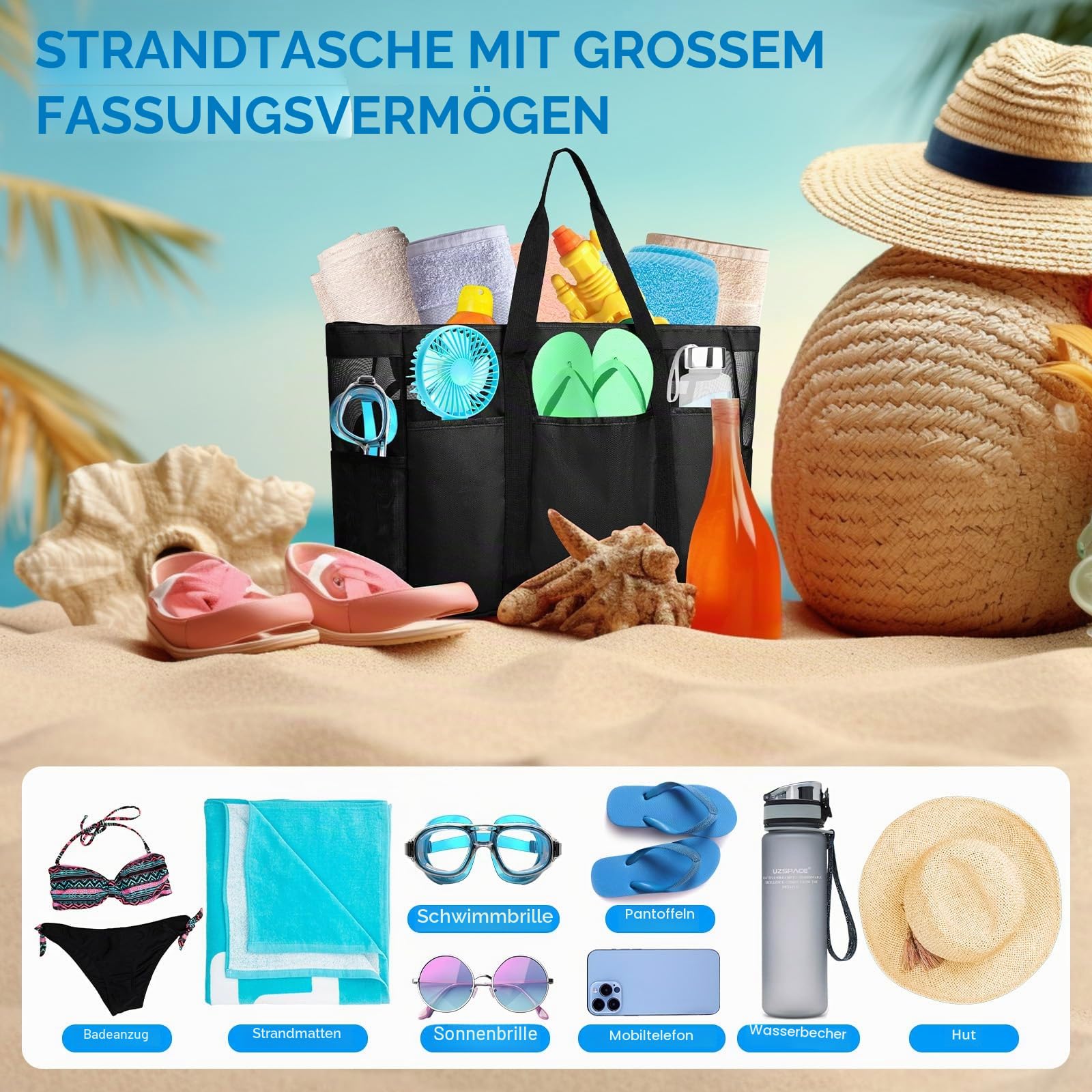 Strandtasche XXL Familie,Strandtasche Damen mit Reißverschluss,Strand Tasche Beach Bag Faltbare für Strand Pool Fitnessstudio Reisen,Vielseitiger - Schwarz
