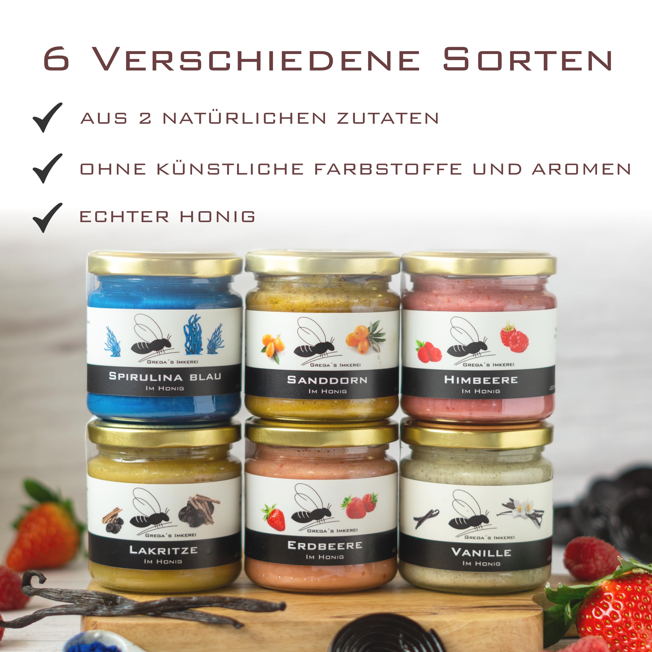 Gregas Imkerei 6er Box – Honigsüßer Brotaufstrich aus Familienimkerei mit Früchten & anderen Spezialitäten wie Lakritze, Vanille & Spirulina Blau verfeinert – Probier- & Geschenkset | 6x 250g