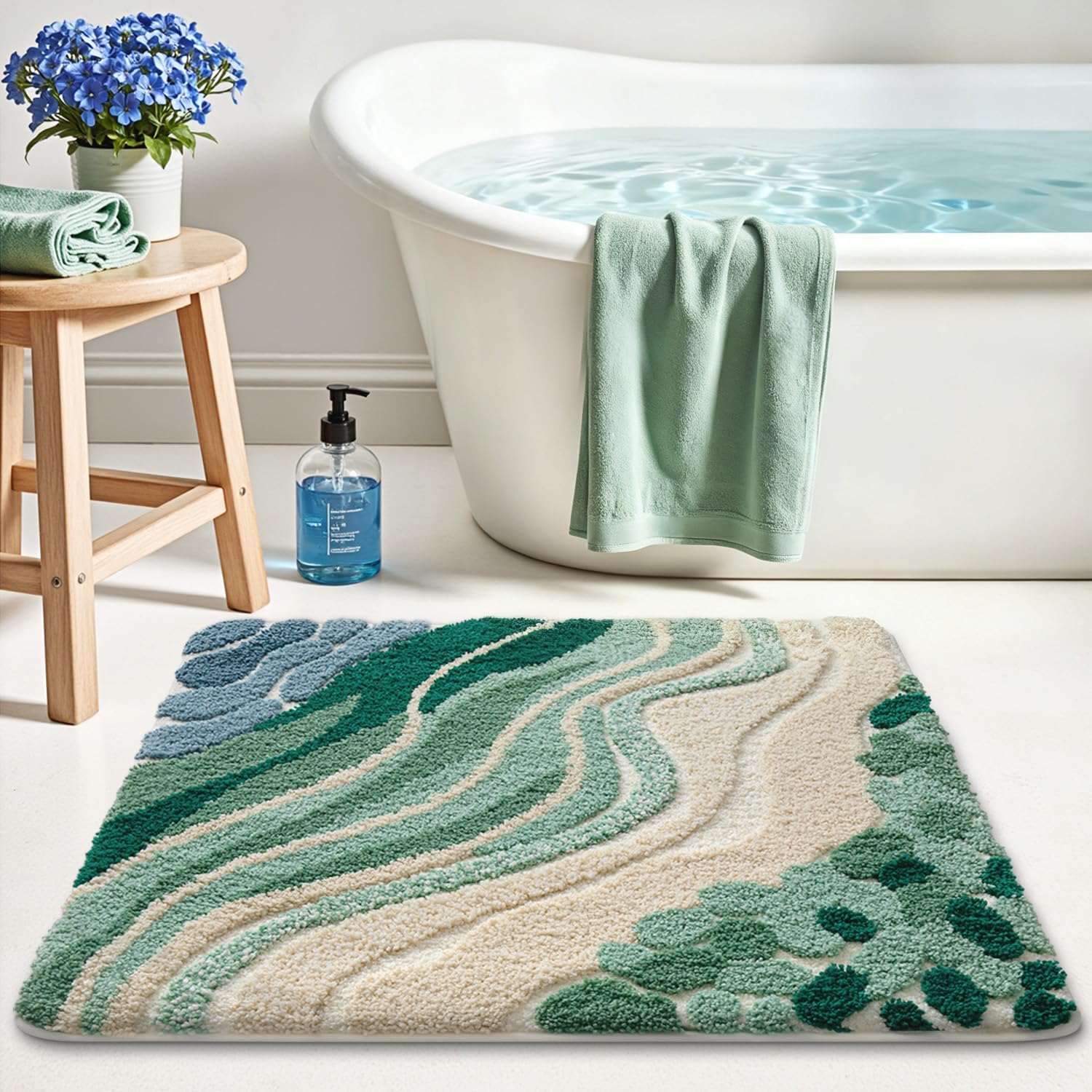 LUMI Beach Bathroom Rug Square, Non Slip Bath Mat Quick Dry, Ultra Soft Washable Absorbent, Ocean Sea Theme Bath Rug for Shower Floor, Home Decor, Kids Room, Bathtub, 26"x26"