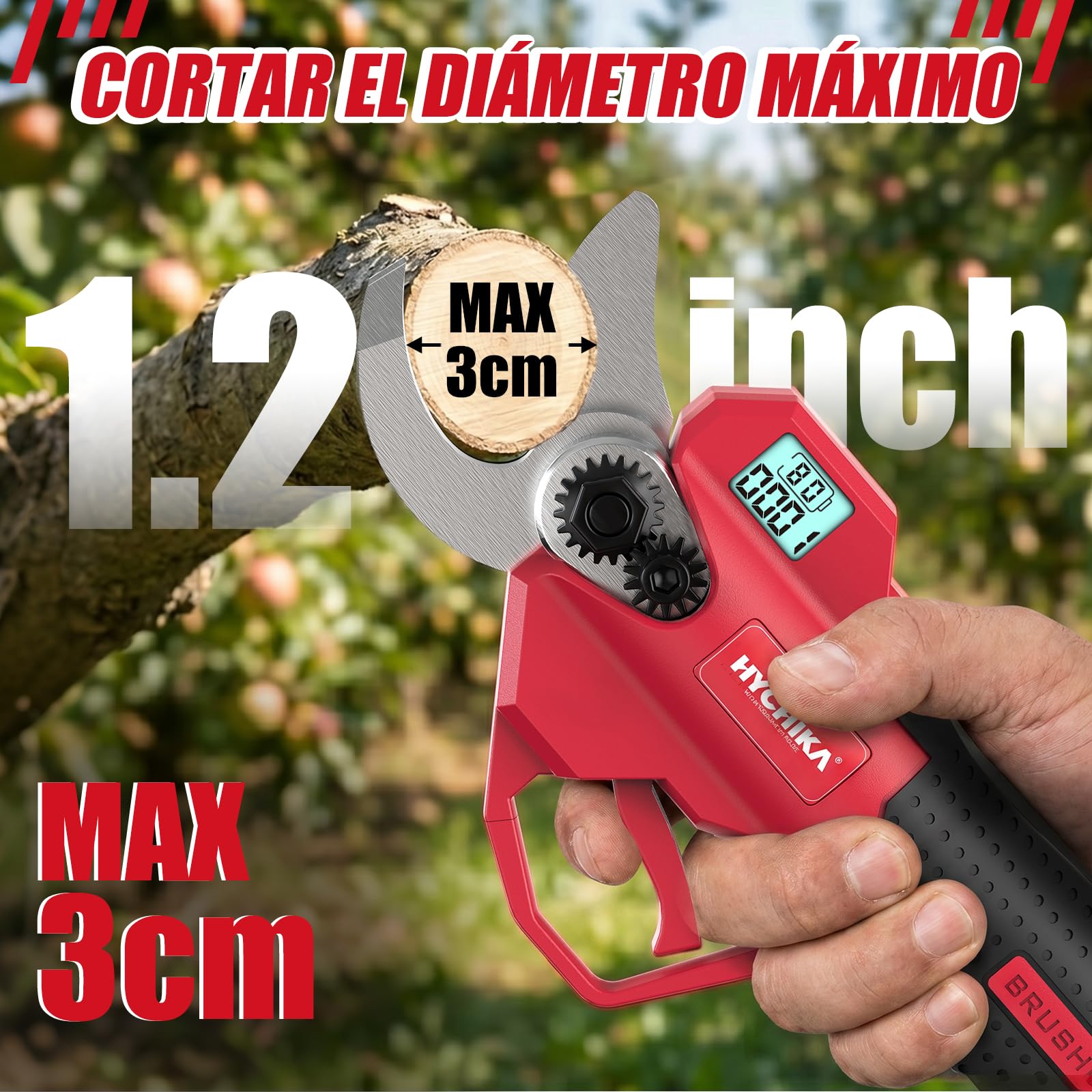 HYCHIKA tijeras de podar electricas 21 V, Cortar hasta 30 mm para Árboles | Tijeras de podar con cuchillas SK5 y pantalla LCD. Incluye 2 baterías de 1.5Ah, ideal para el cuidado de setos