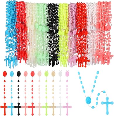 Meooeck 100 Pack Cross Necklaces Bulk Rosary Beads for Kids Church Welcome Gifts Present Plastic Cross Rosary Necklace Prayer Crossed Beads for Religious Homeless Classroom Gift Party Favor, 13 Inch