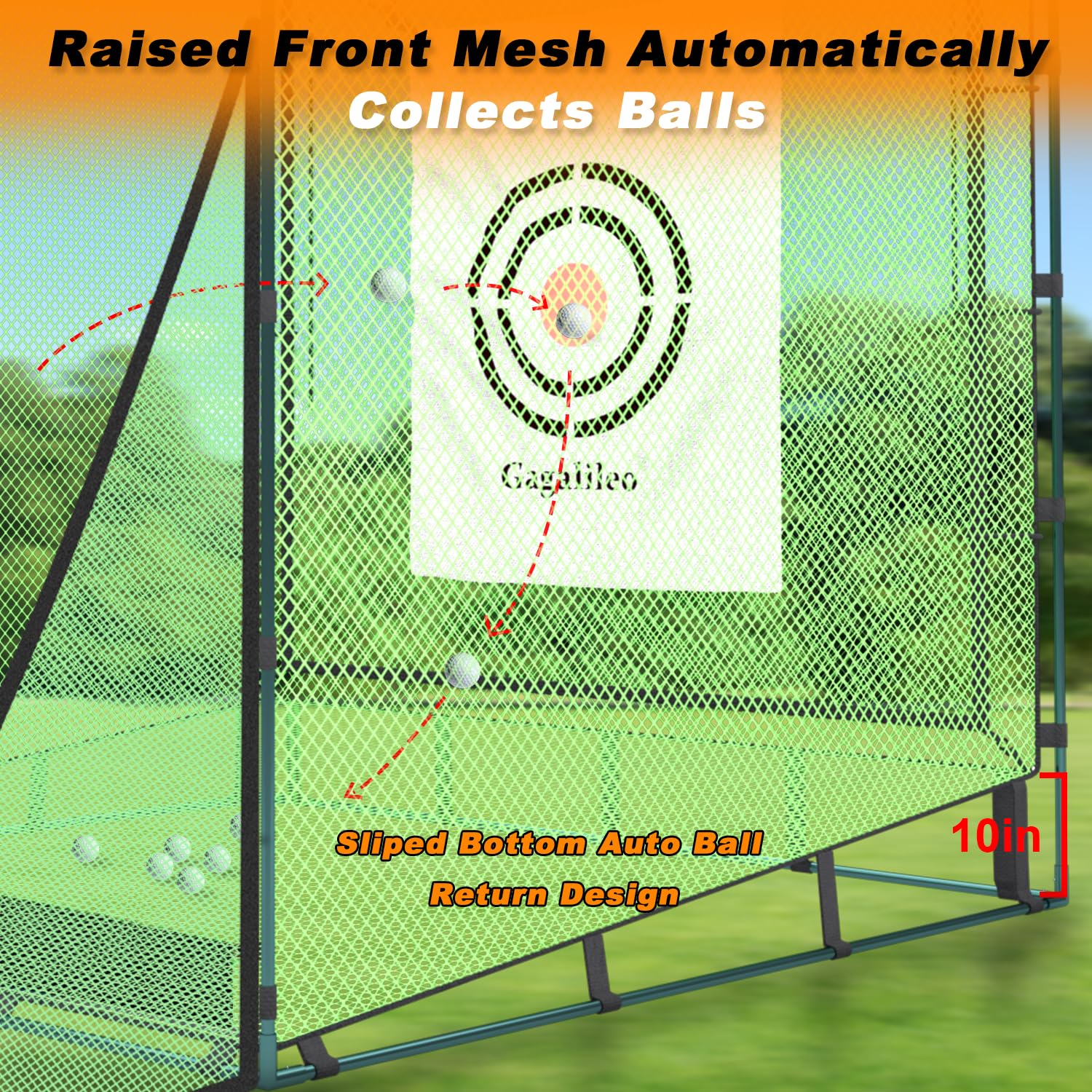 Galileo - Red de golf para entrenamiento de conducción, doble tope trasero con objetivos de ayuda al entrenamiento, red de retorno automático de bolas para jardín, 2,1 x 2,1 x 2,1 x 2,1 m, interior