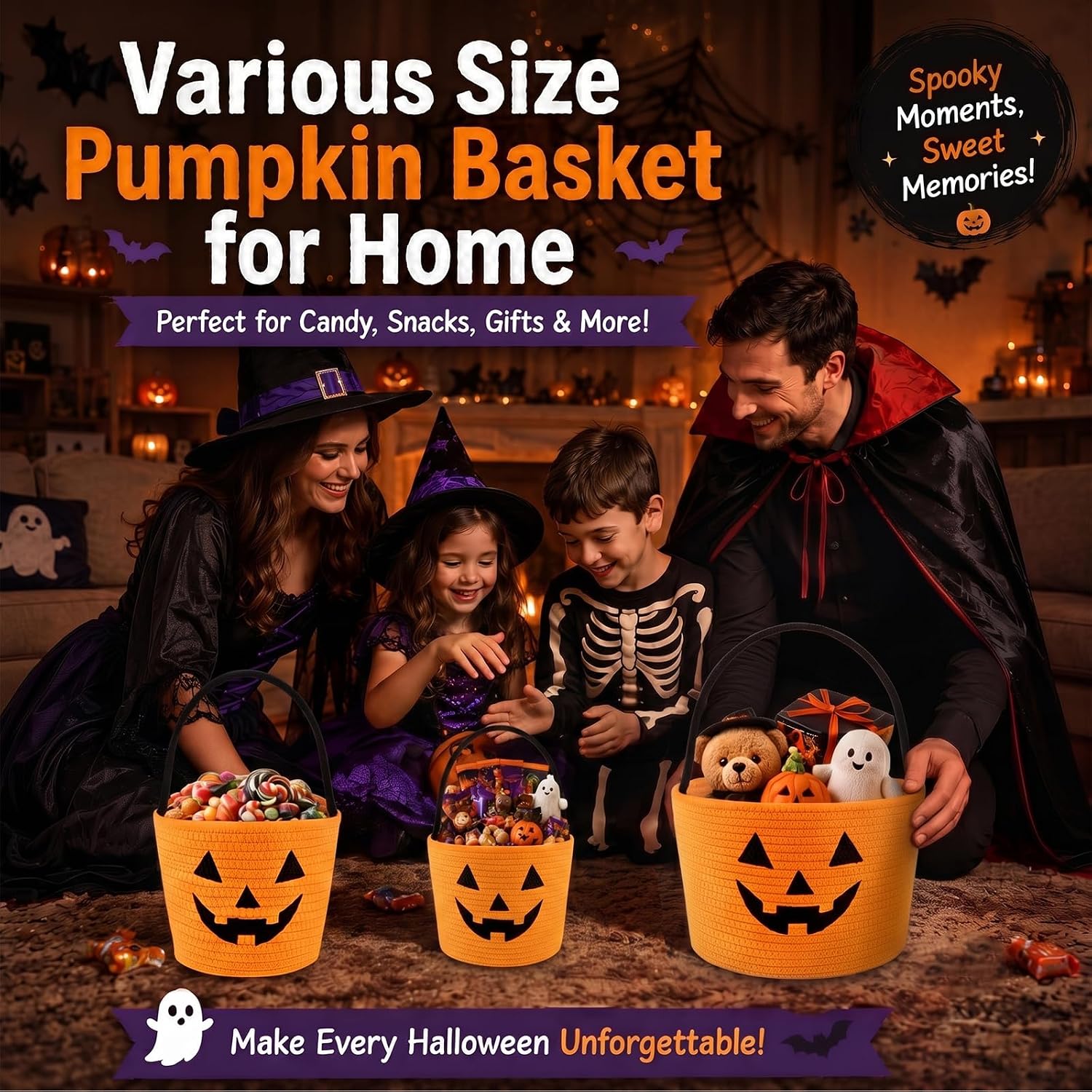 OIASKET Halloween Bucket for Kids, Pumpkin Basket with Handle image 4