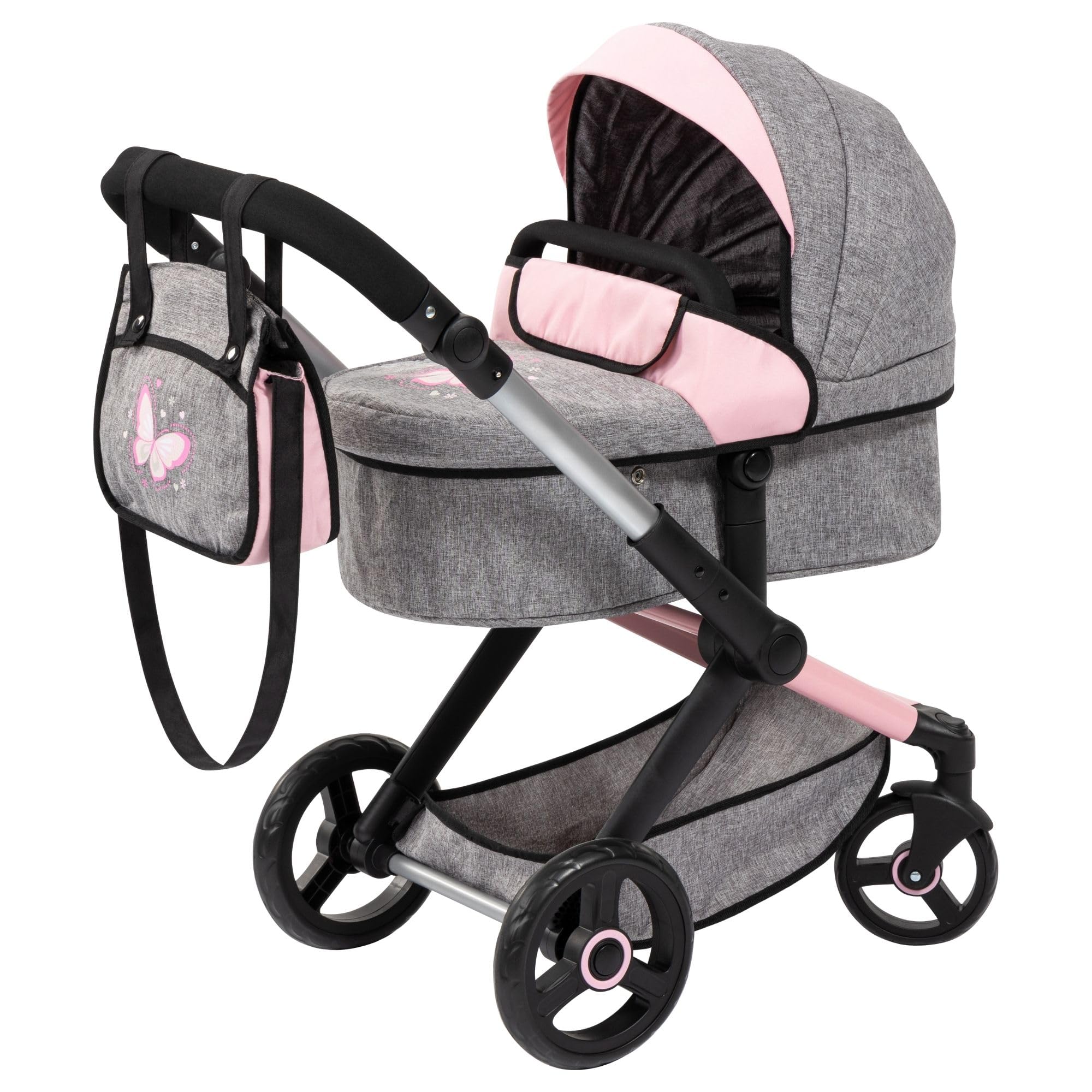 Bayer Design 17033AA Doll's pram Xeo, Stroller, Height-Adjustable, Reversible Handle, Convertible, Bag, Jeans-Grey, Pink — image 1