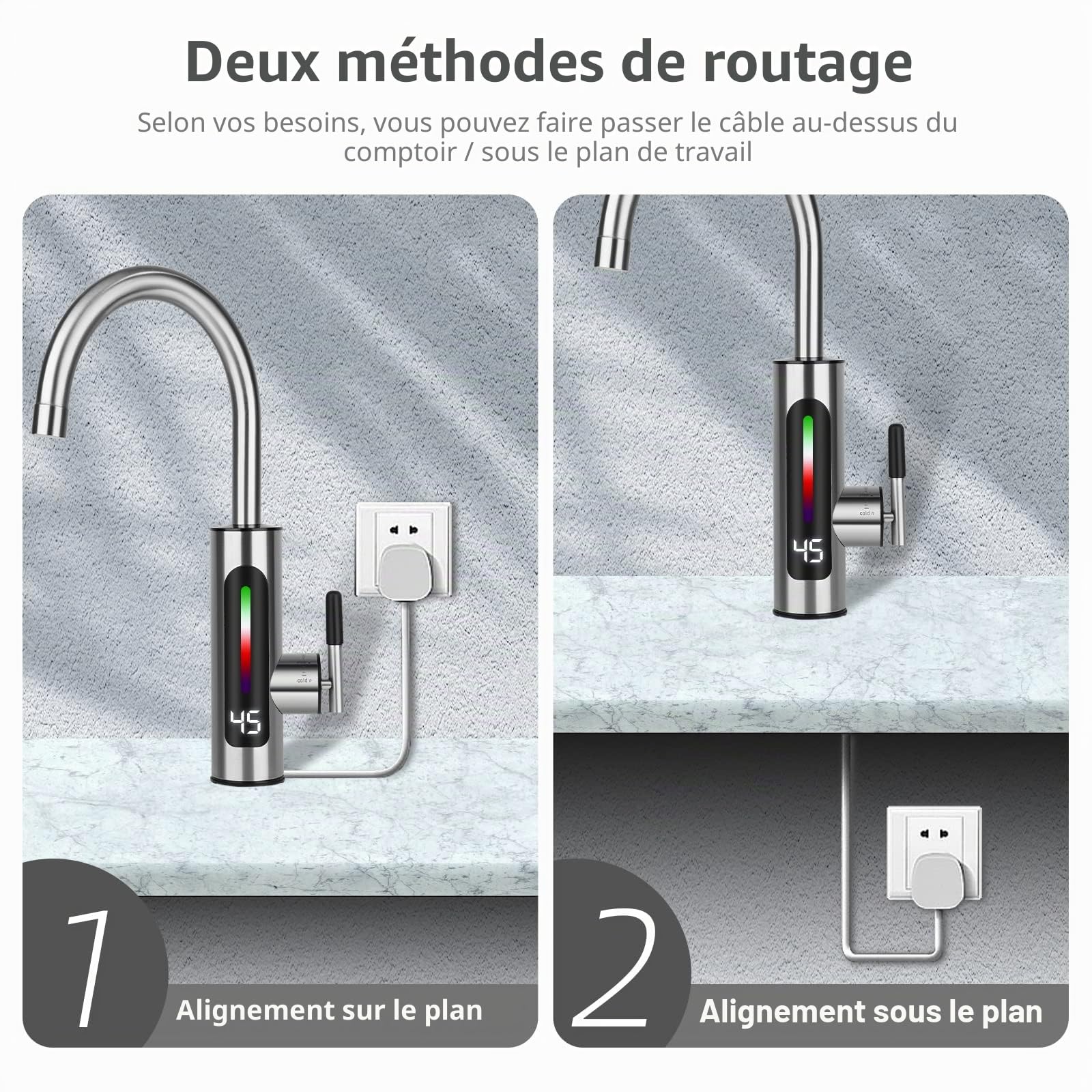 Robinet d'eau Chaude et Froide en Acier Inoxydable avec Affichage LED et Chauffe-eau Instantané, Rotatif à 360°