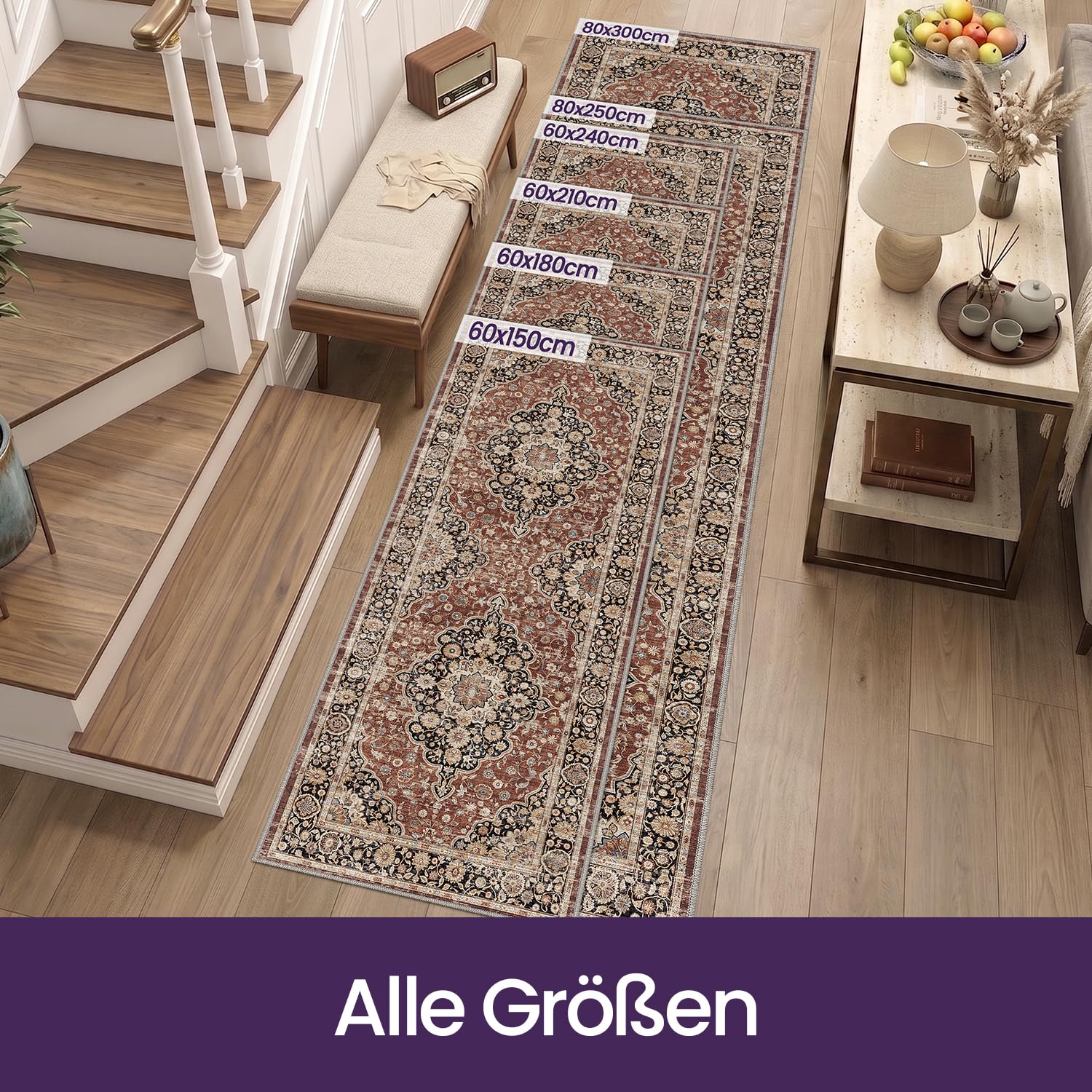 DEXI Läufer Flur Teppich 80 x 300 cm, Küchenläufer Lange waschbar rutschfest, Schmutz & Wasser Aufnehmen Dünne Vintage Teppichläufer für Hauseingänge, Küche, Waschküche, Rostrot