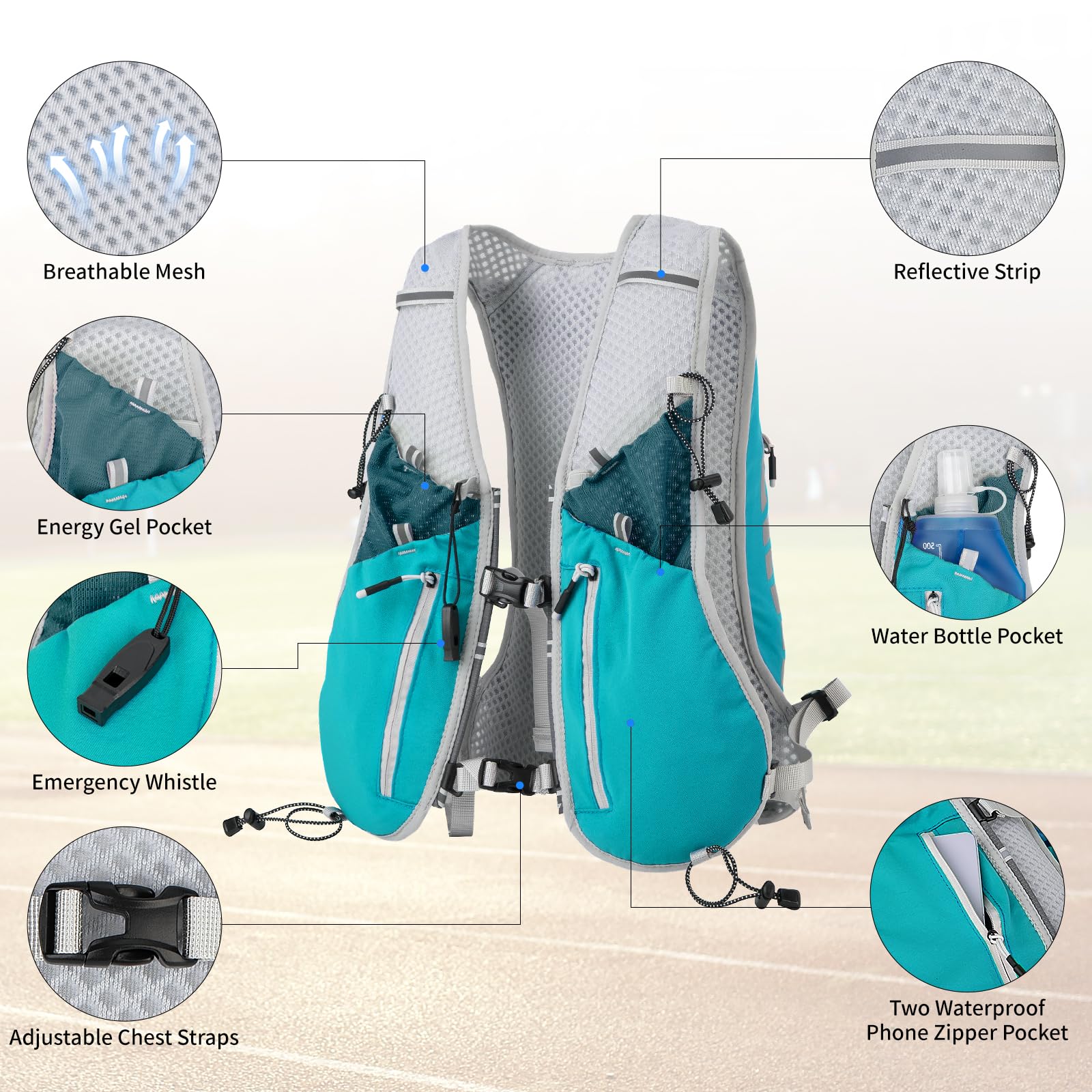 Expansea Zaino da Corsa 7L, Super Leggero Zaino Uomo & Donna, Tasche Multiple, Running Vest With Borraccia Morbida 500ml per Ciclismo, Maratona,Corsa, Arrampicata e Altri Sport All'Aria Aperta