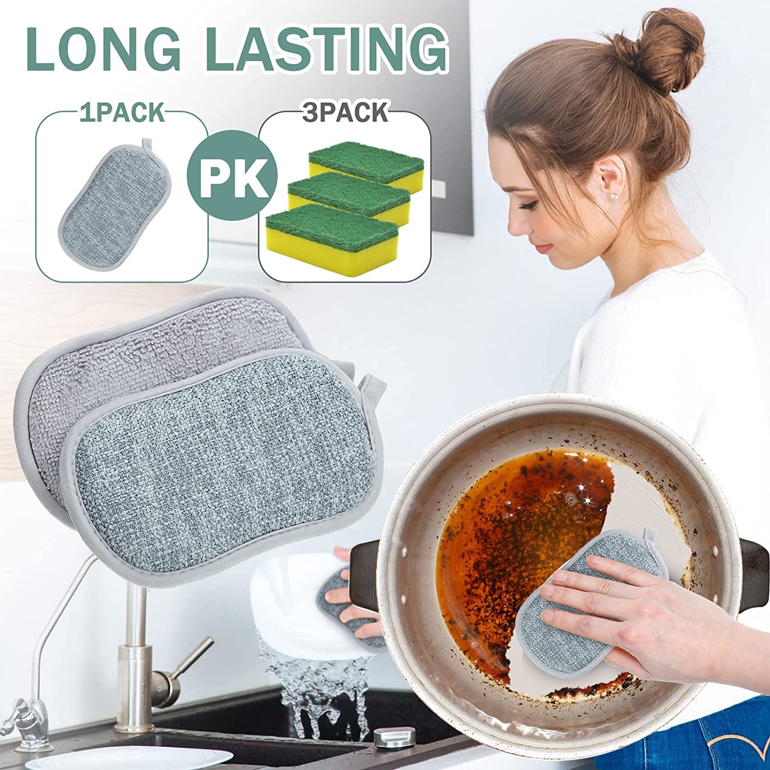 ARQIVO® Multi Purpose Scrub Sponges Non Scratch Microfiber Sponge Cleaning Dish Scrubber Reusable Dish for Washing Dishes Along with Heavy Duty Scouring Power (Gray) (Pack of 2) 3