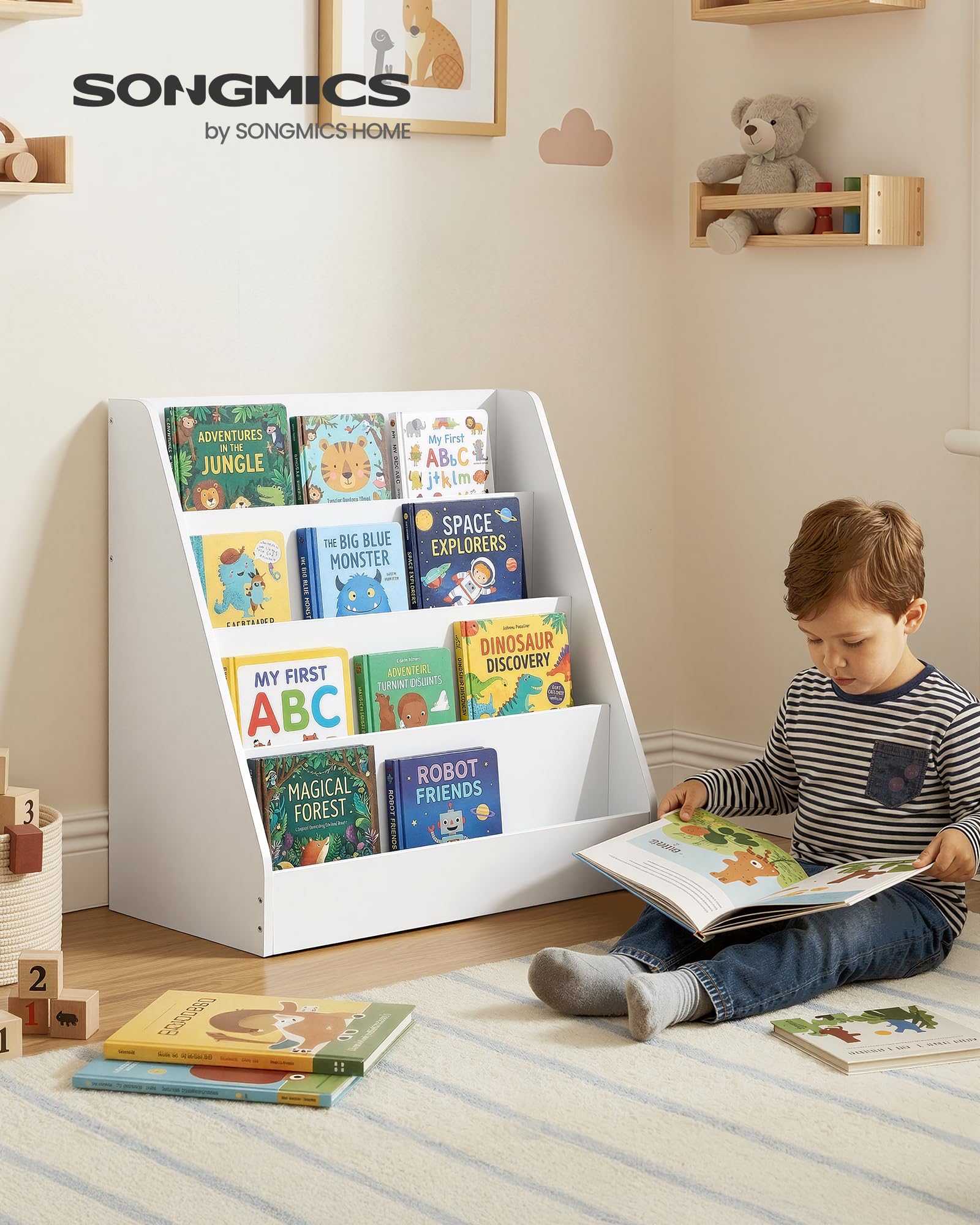 SONGMICS Étagère à Livres pour Enfants, Bibliothèque Montessori à 4 Niveaux, Présentoir Albums Illustrés, pour Chambre d’Enfant, Espace Lecture, 30 x 60 x 60 cm, Blanc Nuage GKR074WZ01