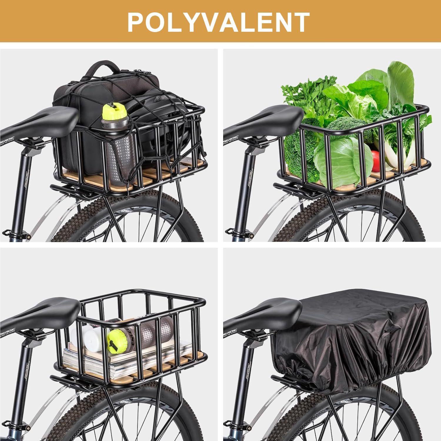CXWXC Panier arrière de vélo – Grand panier porte-bagages avec fond en bois, housse imperméable et filet cargo haute capacité de charge
