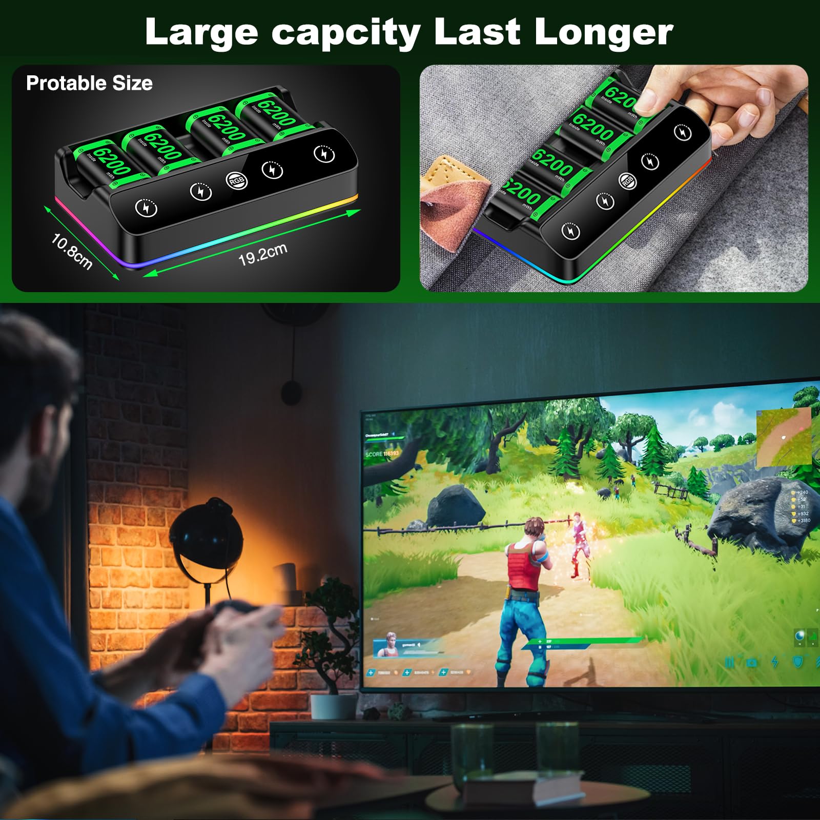 HELLCOOL Batteria per controller Xbox, 4 batterie da 6200 mWh ricaricabili con dock di ricarica/Cool RGB/cavo di ricarica, caricabatterie per Xbox Series X|S,One/Elite/S|X