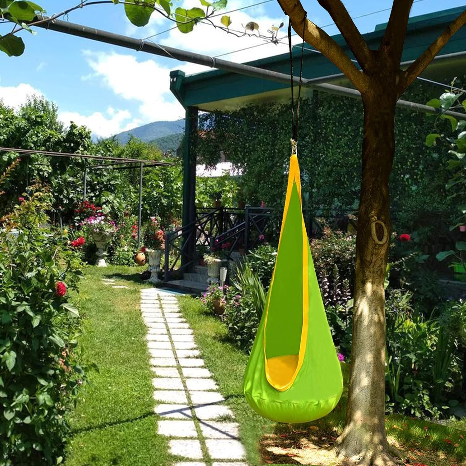 C-CHAIN Swing Pod Chair for Kids, Cotton Hammock Chair with Durable Air Cushion, Child Swing Seat Nest with Adjustable Rope, All Accessories Included (Green)