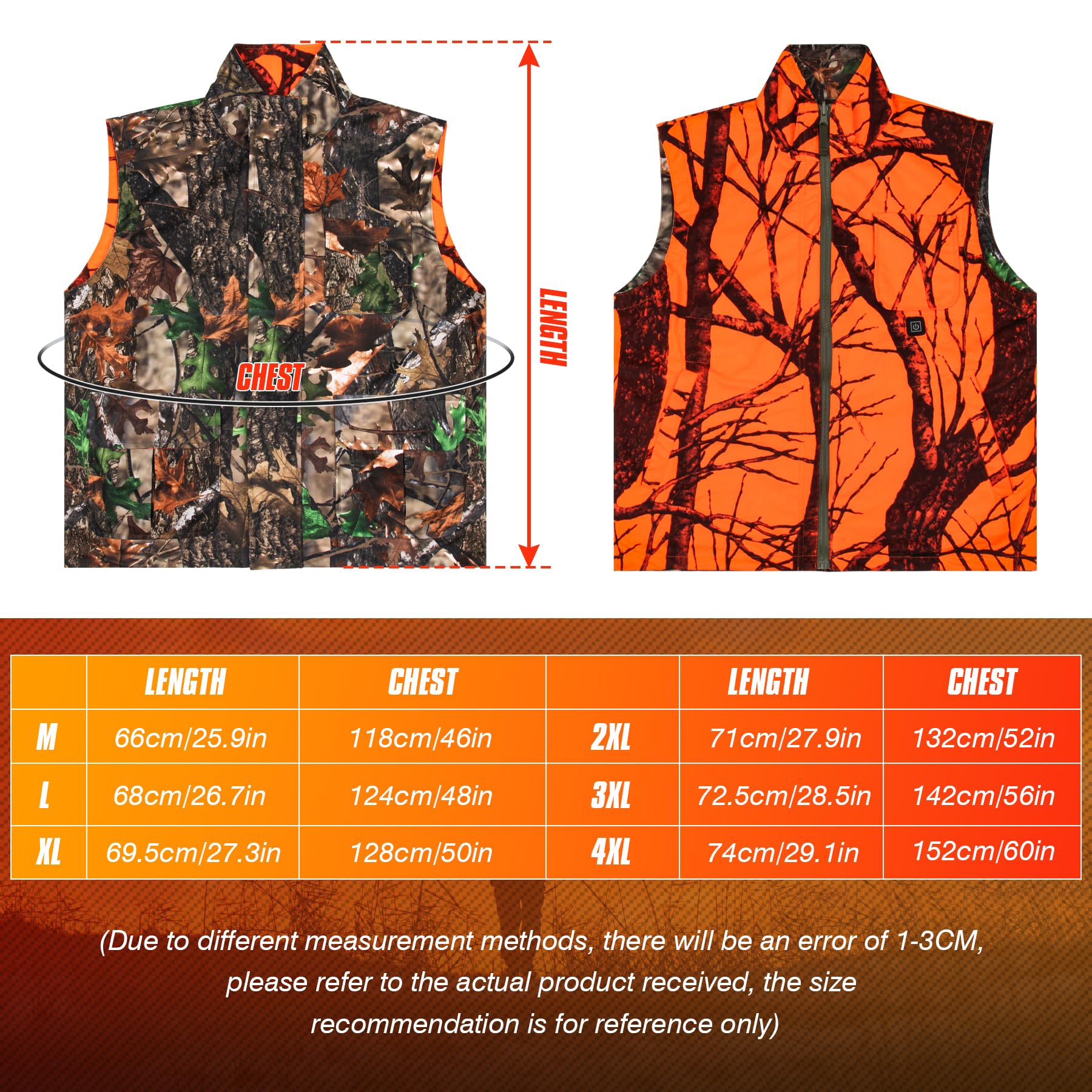 GUGULUZA Gilet riscaldato reversibile mimetico e arancione per caccia, gilet di sicurezza per giochi di riscaldamento leggero per escursionismo