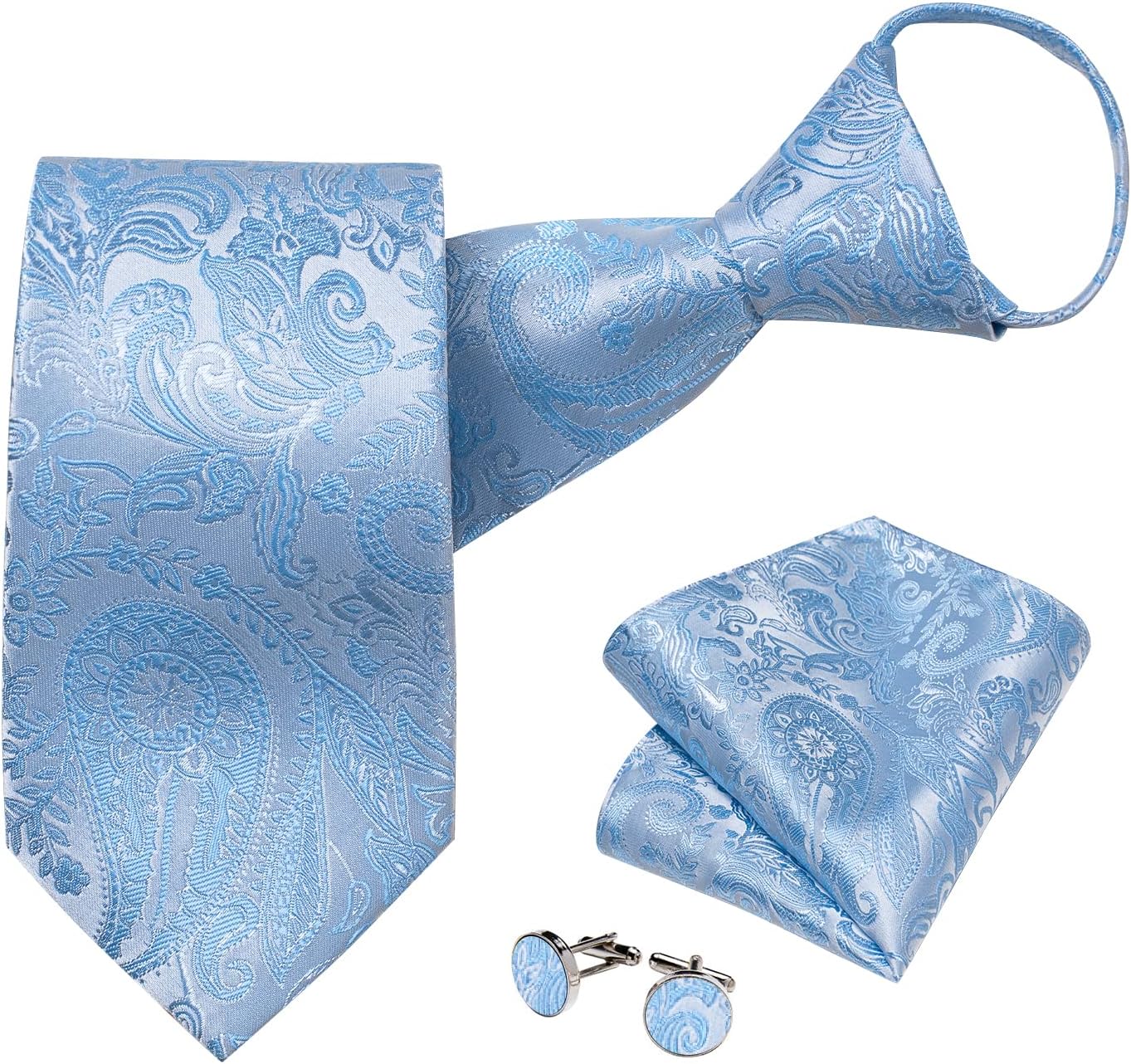 DiBanGu Silk Zipper Ties for Men,Paisley Solid Plaid Pre-tied Tie and Pocket Square Cufflinks Set Formal Adjustable Necktie