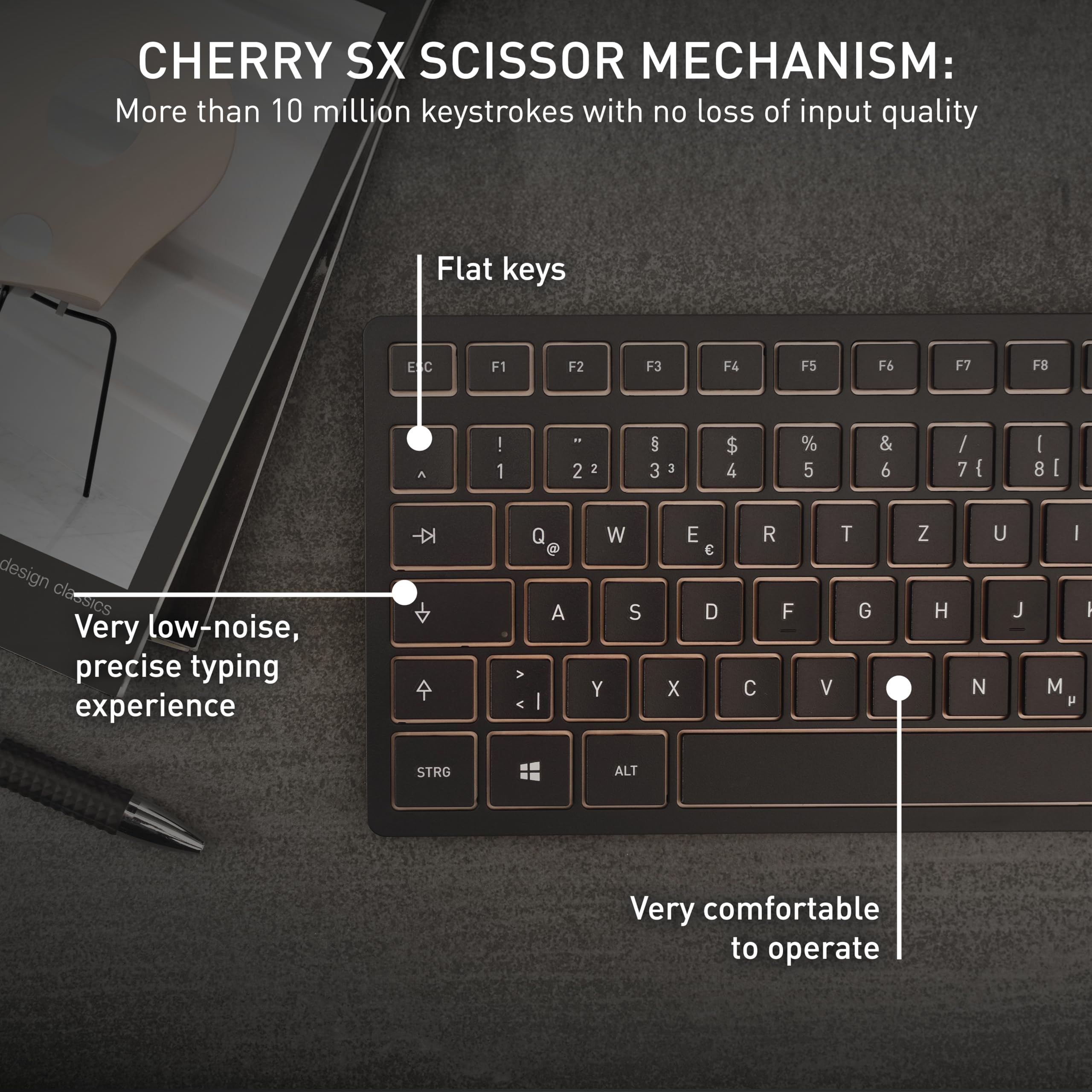 CHERRY DW 9100 SLIM, bezprzewodowa klawiatura i mysz, układ międzynarodowy, klawiatura QWERTY, akumulatory, mechanizm nożycowy SX, ciche naciskanie klawiszy, czarno-brązowy