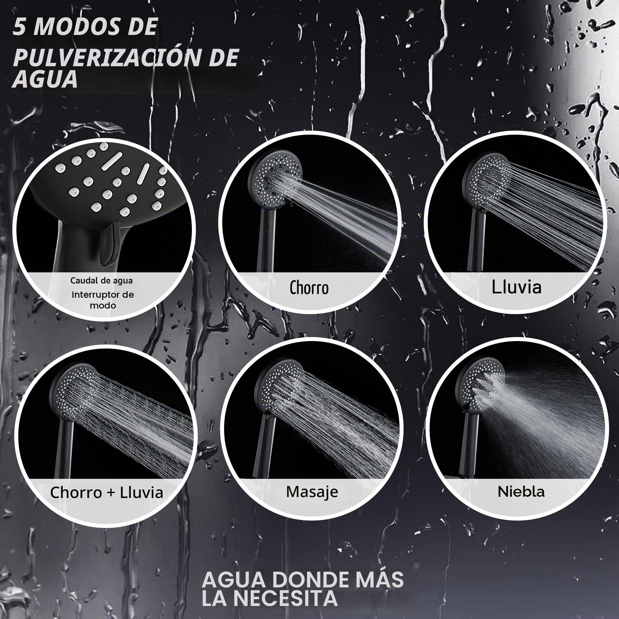 Grifo Bañera y Ducha Monomando con Alcachofa, Manguera y Soporte - Grifo de Bañera con Caño, 150cm Cable Ducha PVC, Cabezal Ducha con 5 Funciones - Negro Mate