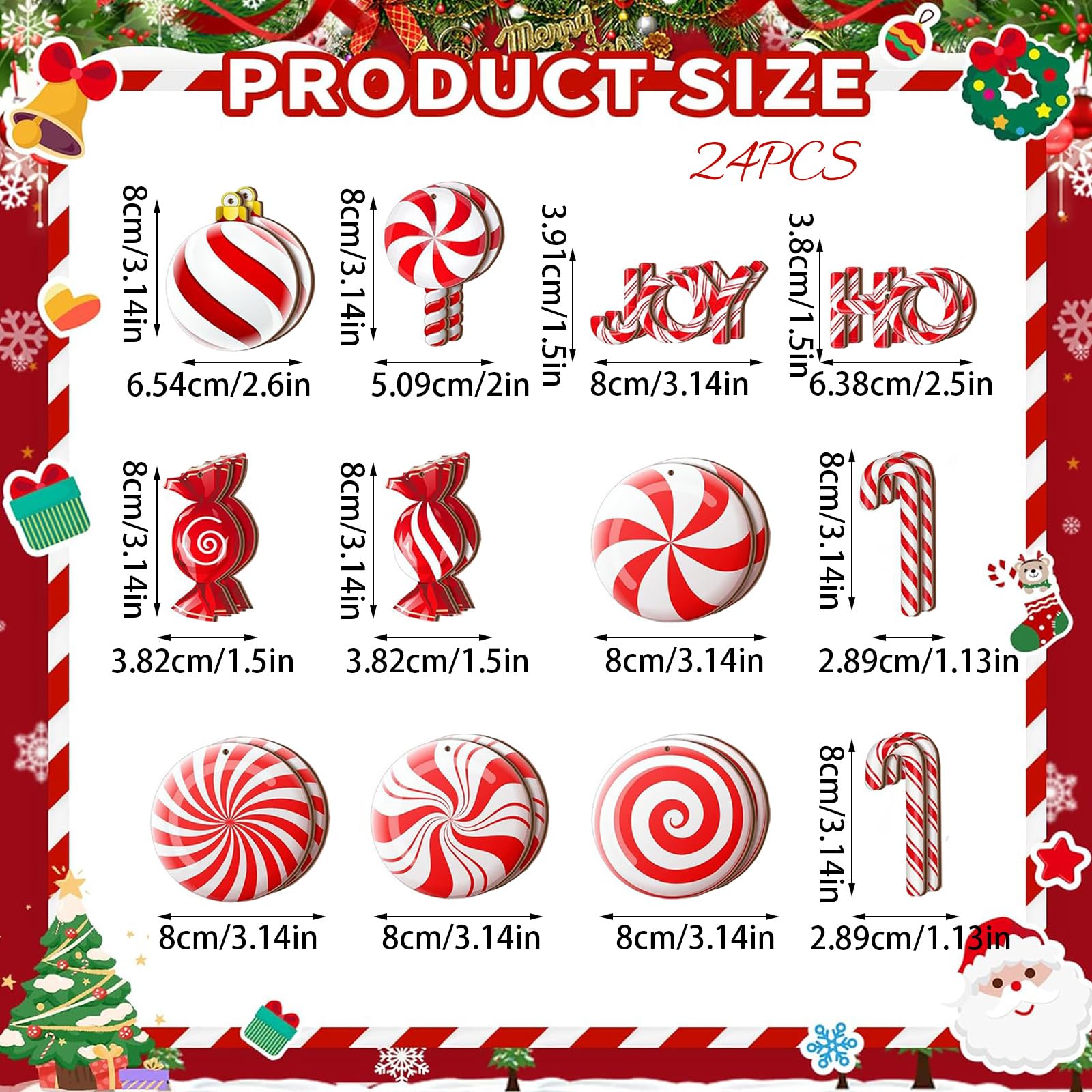 Adornos de Navidad Caramelos 24 Piezas 3-8cm Decoracion Arbol de Navidad Cajas de Madera para Dulces Decoración Navidad para árboles de Navidad, Fiestas, Decoraciones Navideñas