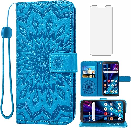 Asuwish Funda de teléfono para Alcatel TCL A3X A600DL - Funda tipo cartera con protector de pantalla de vidrio templado y piel de girasol, funda