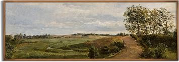 Vintage Farmhouse French Country Bedroom Wall Decor Above Bed - Horizontal Wall Art Over the Bed - 12x36" - Panoramic Landscape Picture Sign Canvas Oil Painting Long Green Summer Meadow Print Poster