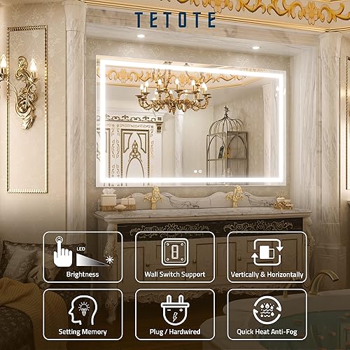 Miniatura 9 de TETOTE Espejo LED de baño con luces de 60 x 36 pulgadas, espejo iluminado para tocador, antiempañamiento, blancocálidonatural, regulable, CRI90,