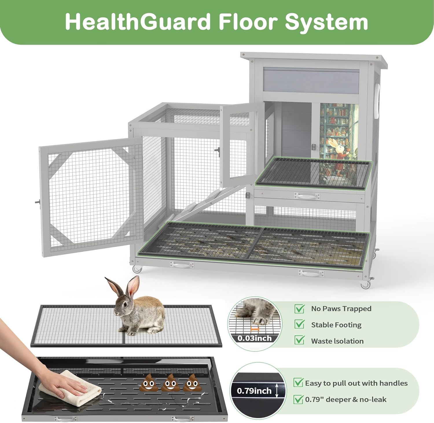 COZIWOW Rabbit Hutch Bunny Cage Indoor with 2-Level Grates | No-Spill Design, Large Wooden Bunny House on Wheels Chewproof for Multiple Small Animals, Gray + Colorful Pattern